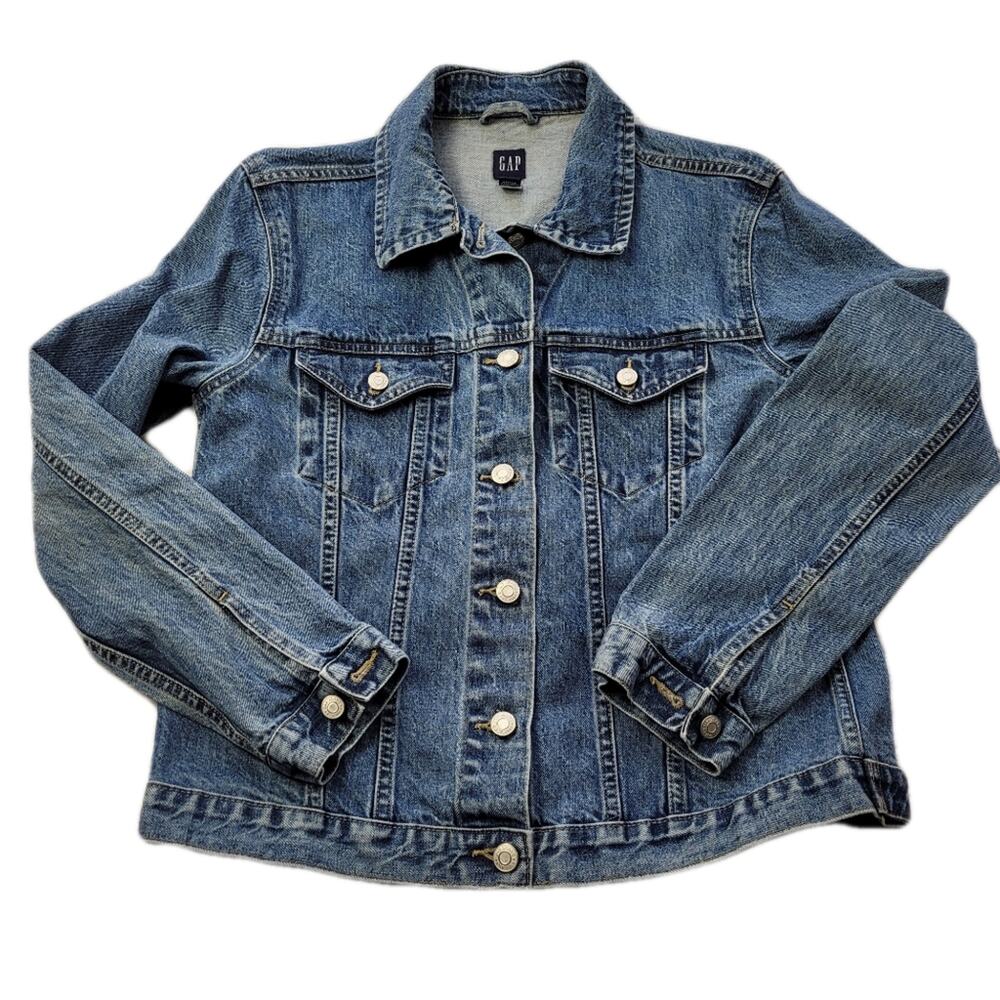 Vintage GAP True Y2k Denim Trucker Jacket Weathered Blue 100% Cotton size Large